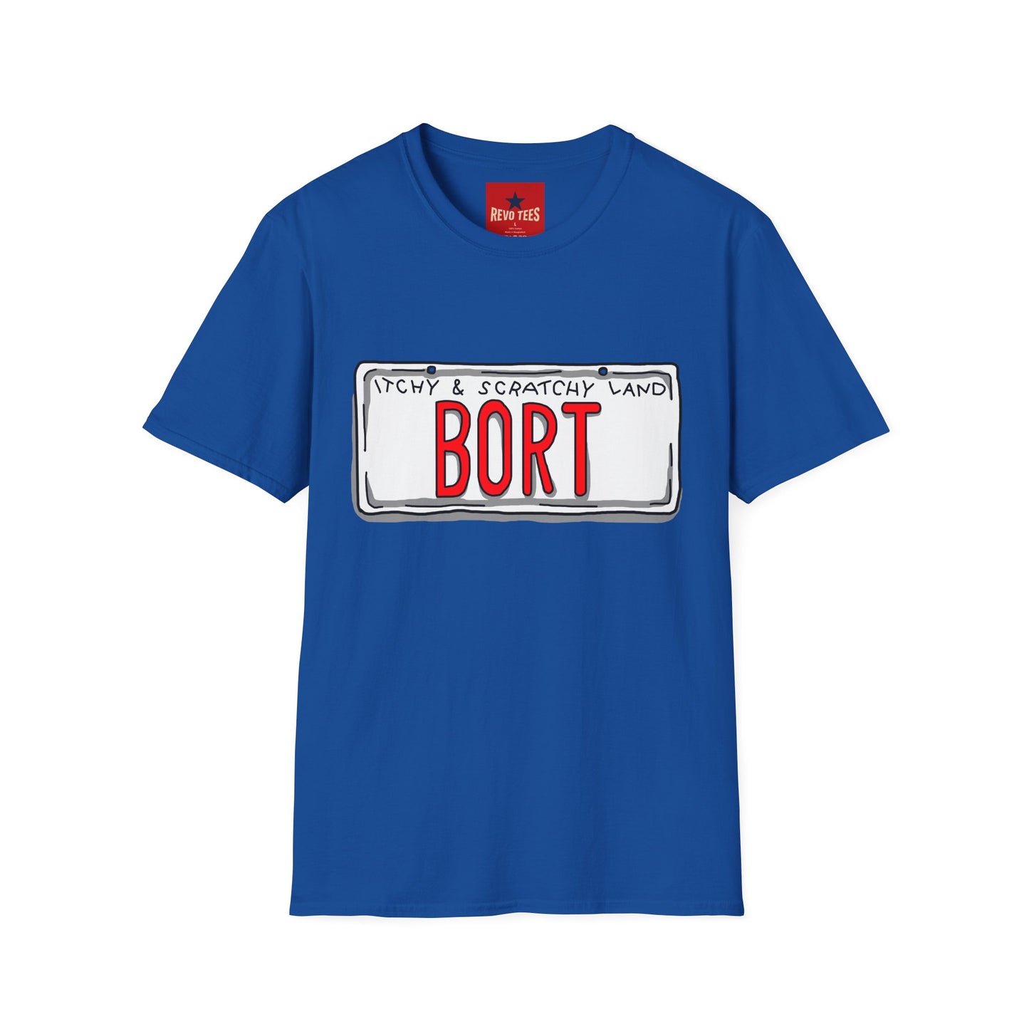 BORT License Plate T‑Shirt — 'Itchy & Scratchy Land' Retro TV Fan Tee