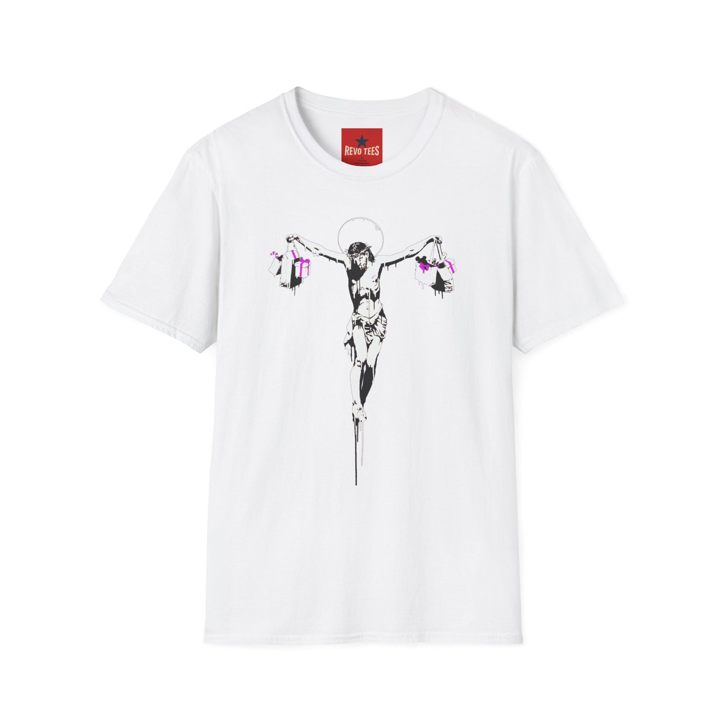 Banksy Crucifixion Balance Tee — Stenciled Jesus Holding Gift Bags Graphic T-Shirt