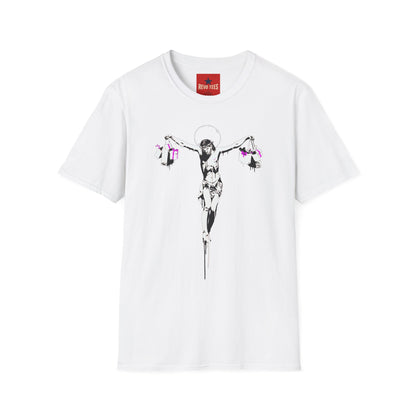 Banksy Crucifixion Balance Tee — Stenciled Jesus Holding Gift Bags Graphic T-Shirt
