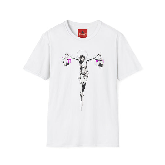 Banksy Crucifixion Balance Tee — Stenciled Jesus Holding Gift Bags Graphic T-Shirt
