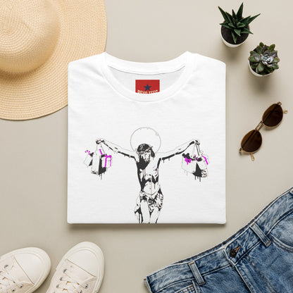 Banksy Crucifixion Balance Tee — Stenciled Jesus Holding Gift Bags Graphic T-Shirt