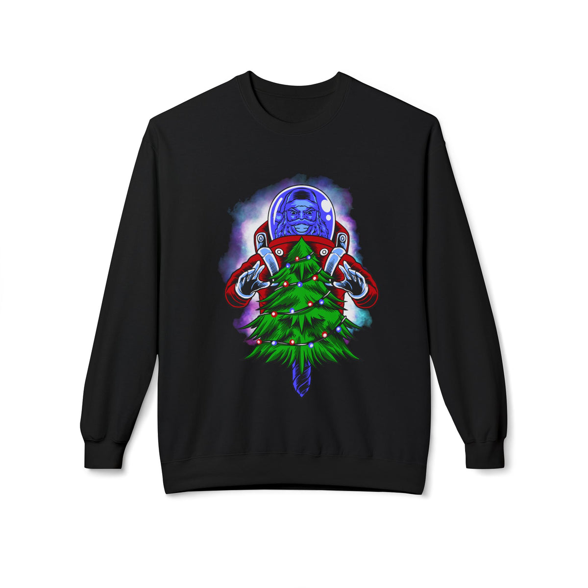Astronaut Santa Pouncing on a Christmas Tree Crewneck Sweatshirt