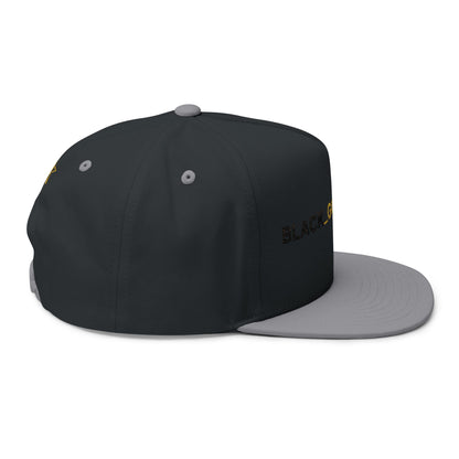 REVOTEES Embroidered Flat Bill Cap – BLACK_GOLD_WHITE Text with rear Gold Star