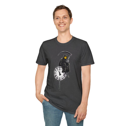 Banksy T‑Shirt — Grim Reaper Clock Graphic Tee (Smiley Mask)
