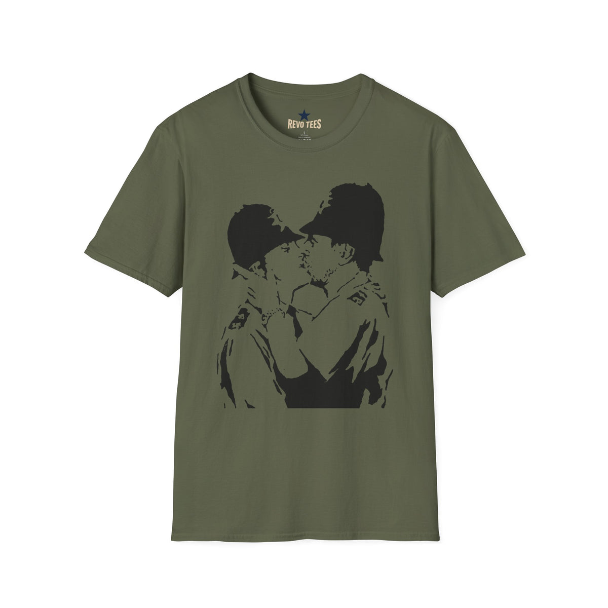 Revotees Banksy Kissing Soldiers Graphic Vintage Stencil Couple Print T-Shirt - alternate view 4