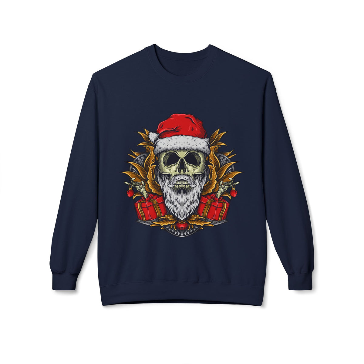 Skull Santa — Edgy Christmas Skull with Santa Hat and Gifts Crewneck Sweatshirt