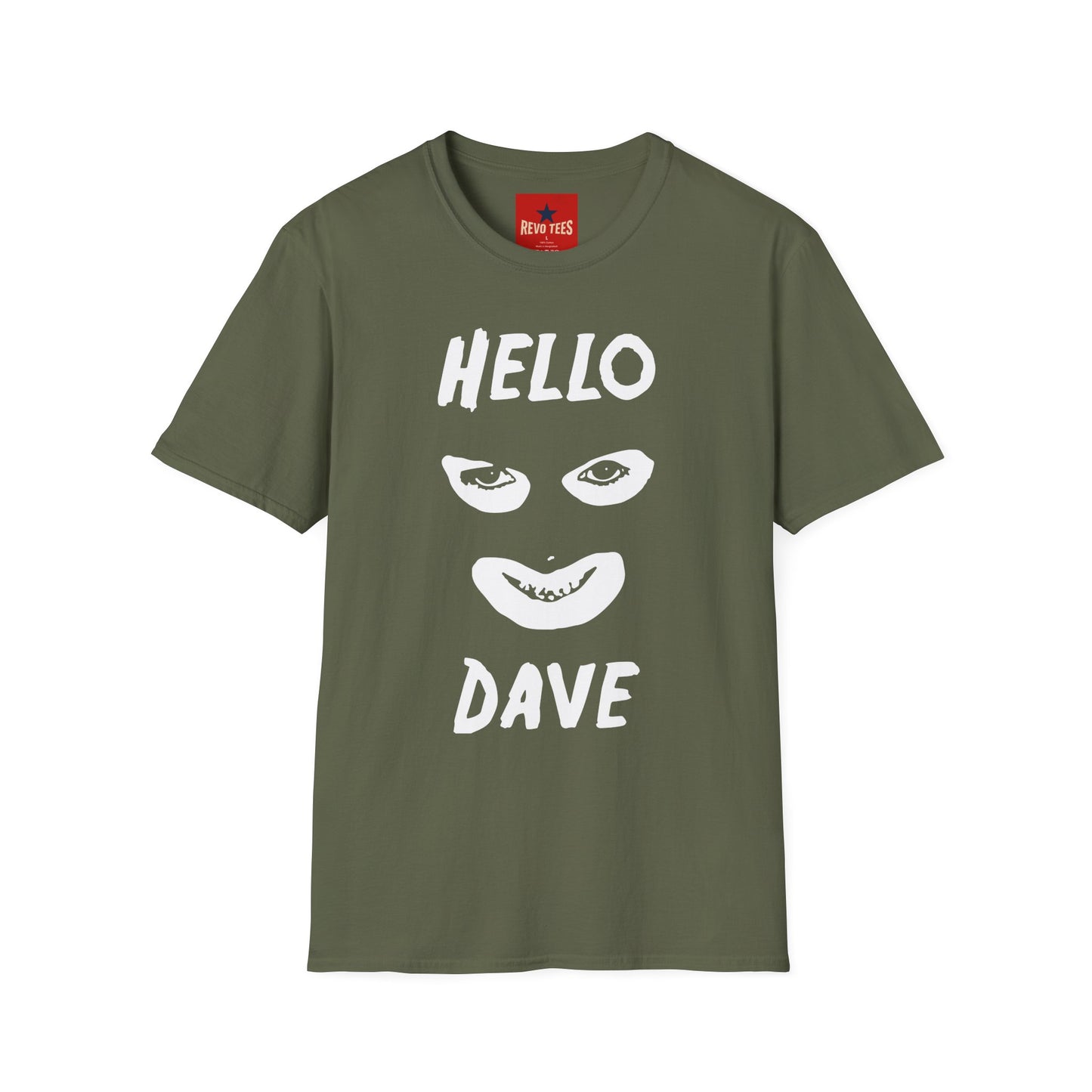 Hello Dave T-Shirt — Black Graphic Tee with Eyes & Smile