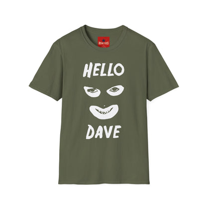 Hello Dave T-Shirt — Black Graphic Tee with Eyes & Smile