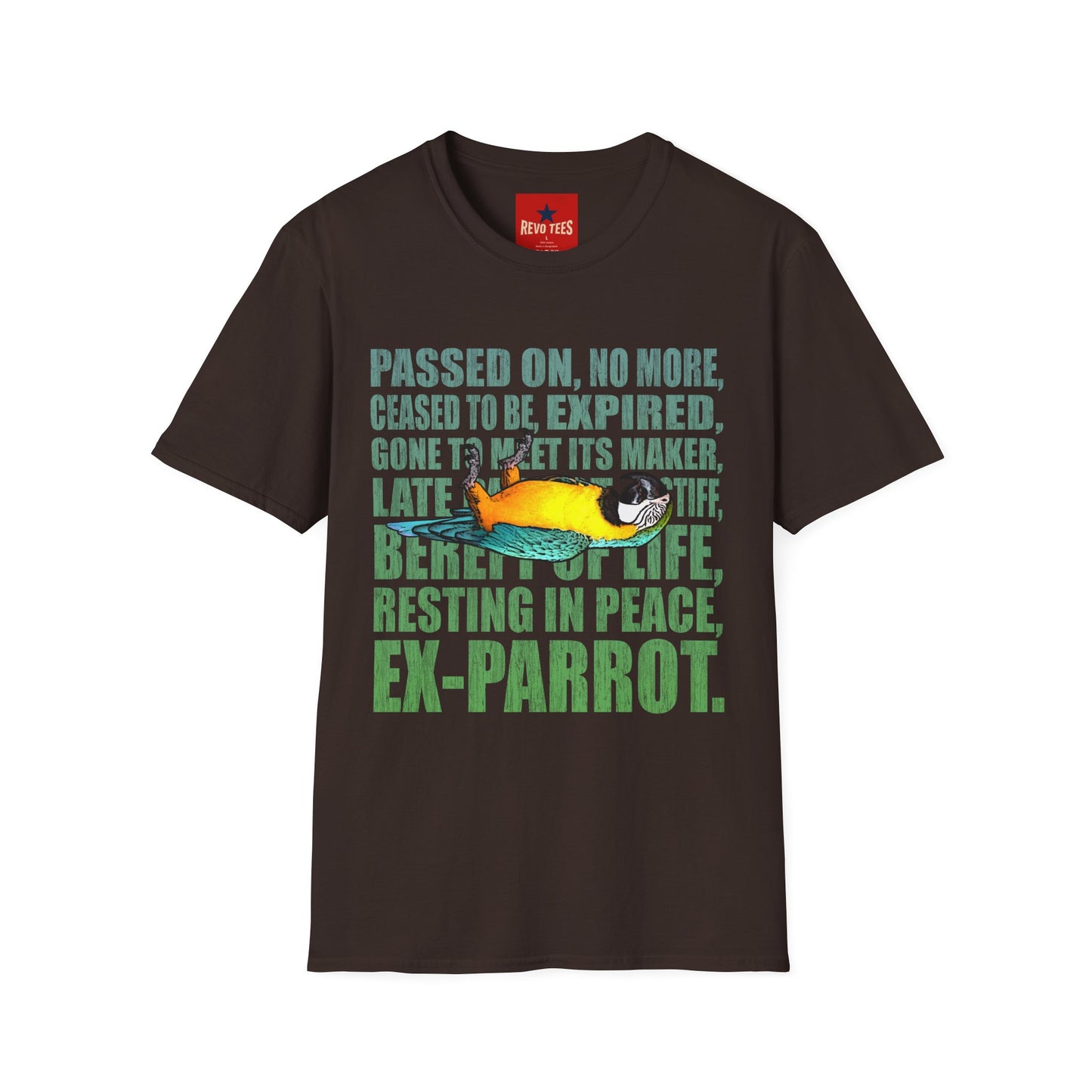 Ex-Parrot T-Shirt — Funny Parrot Memorial Tee (Passed On, Resting in Peace)