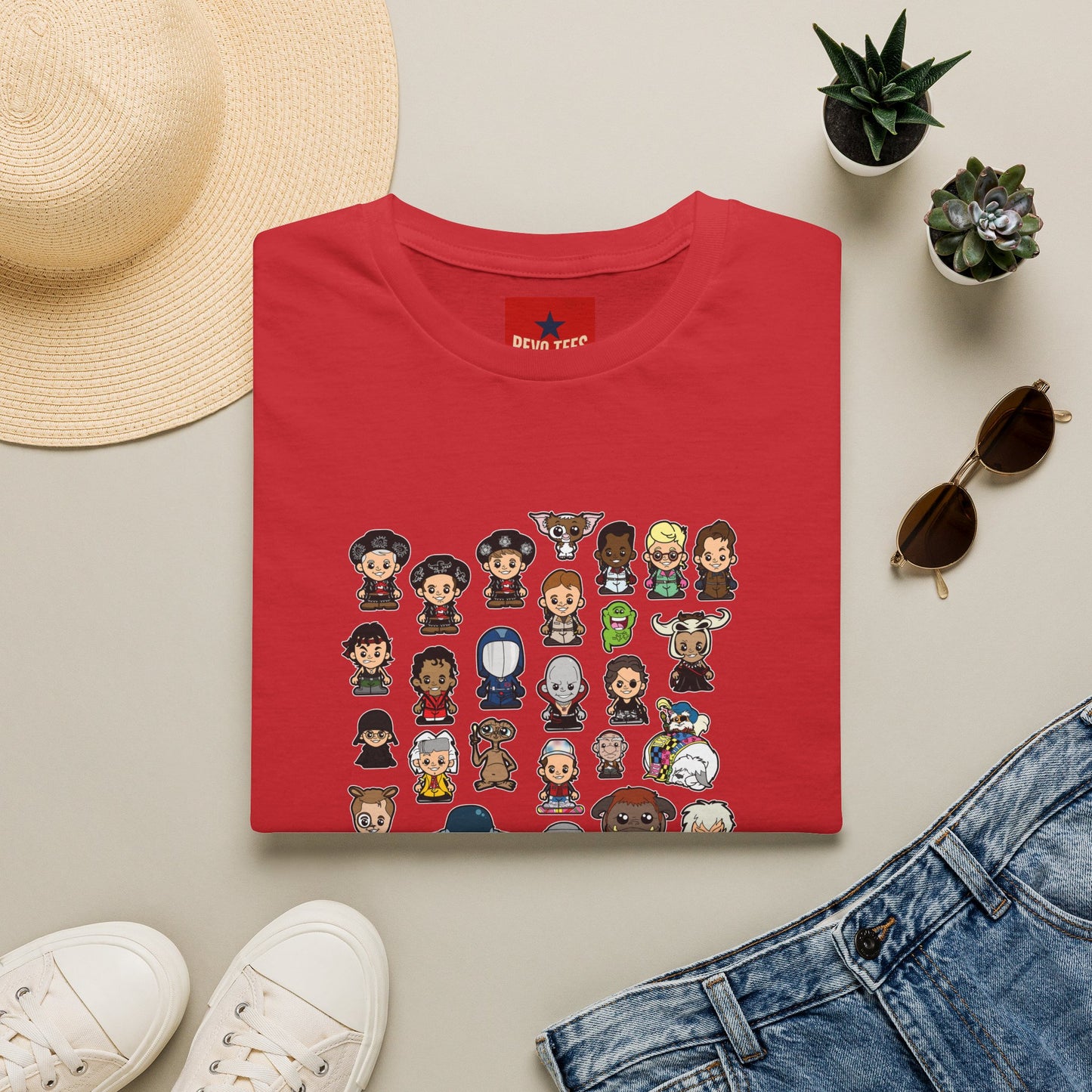 Cute Chibi Characters Crewneck T‑Shirt — Cartoon Character Grid Tee
