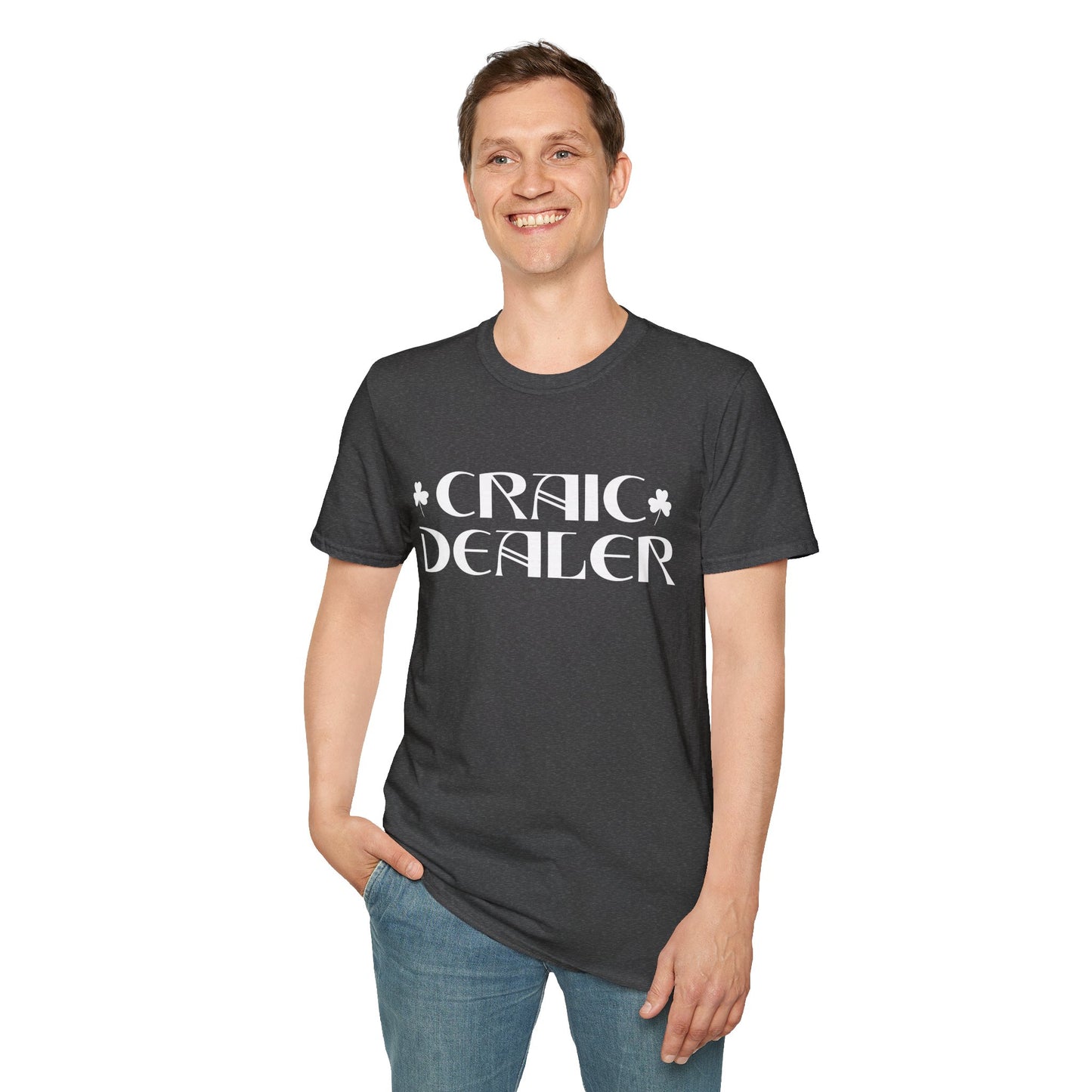 Craic Dealer T-Shirt — Irish Pub Humor Tee with Shamrock Design