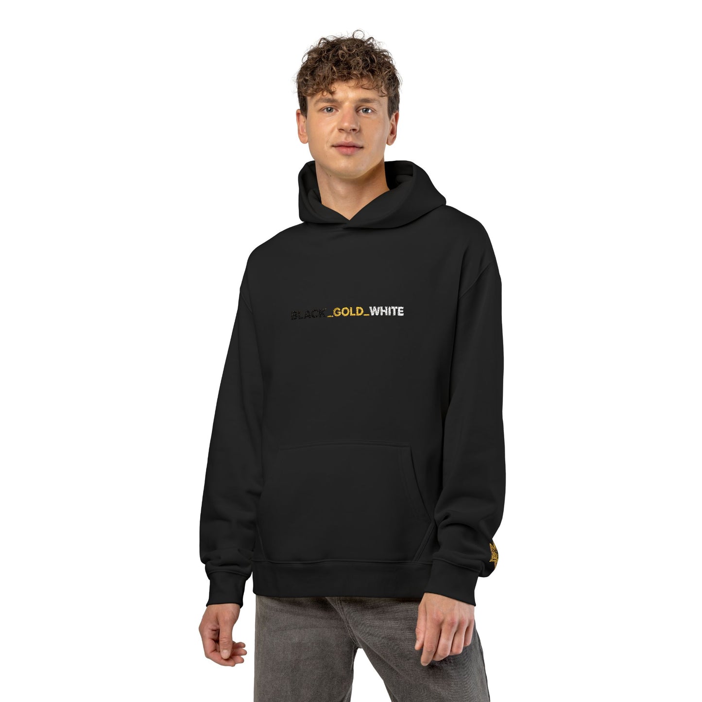 REVOTEES Black Gold White Embroidered Logo Hoodie front & sleeve
