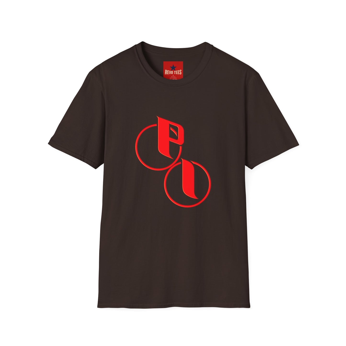 Parker Industries Graphic Tee — Red Circular Monogram Design