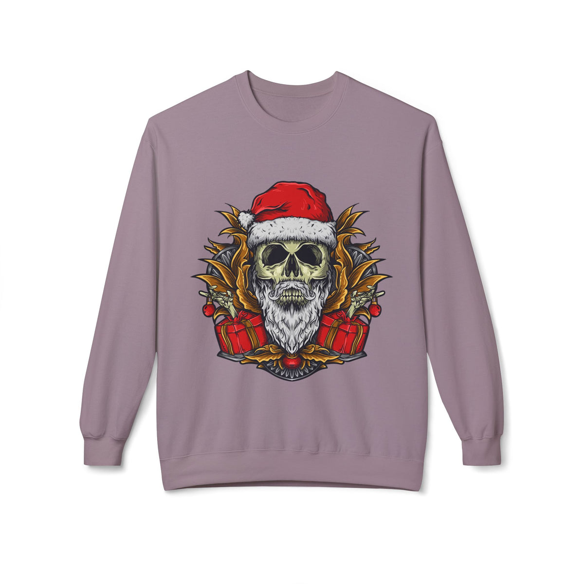 Skull Santa — Edgy Christmas Skull with Santa Hat and Gifts Crewneck Sweatshirt