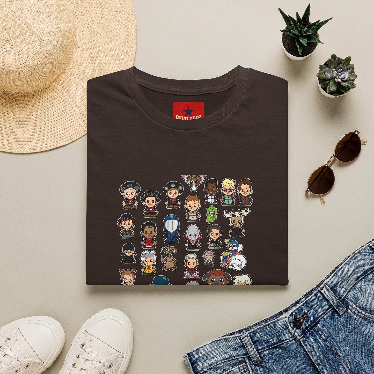 Cute Chibi Characters Crewneck T‑Shirt — Cartoon Character Grid Tee