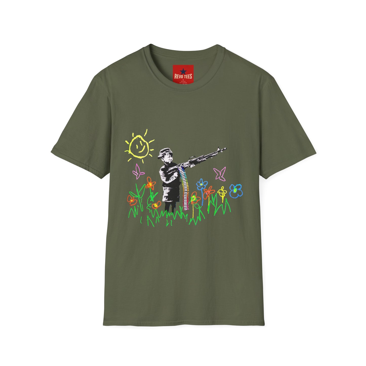 T-Shirt — Banksy Style Soldier with Childlike Doodle Flowers