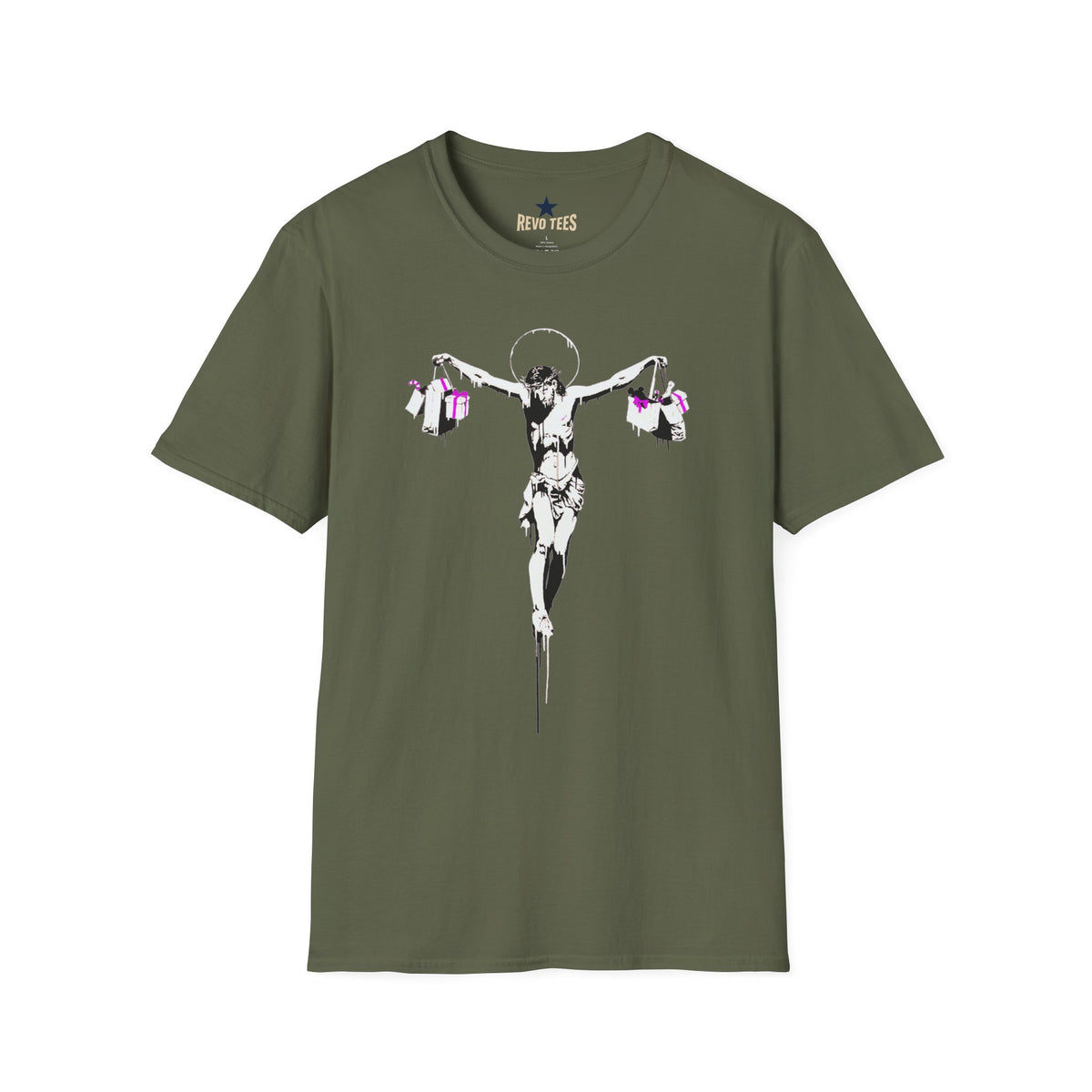 Revotees Banksy Crucifixion Balance Stenciled Jesus Holding Gift Bags Graphic T-Shirt - alternate view 6