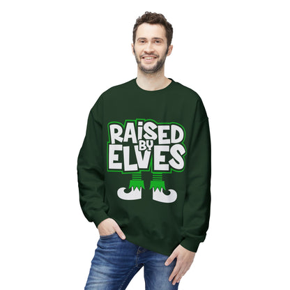 Raised by Elves Sweatshirt – Christmas Funny Holiday Crewneck