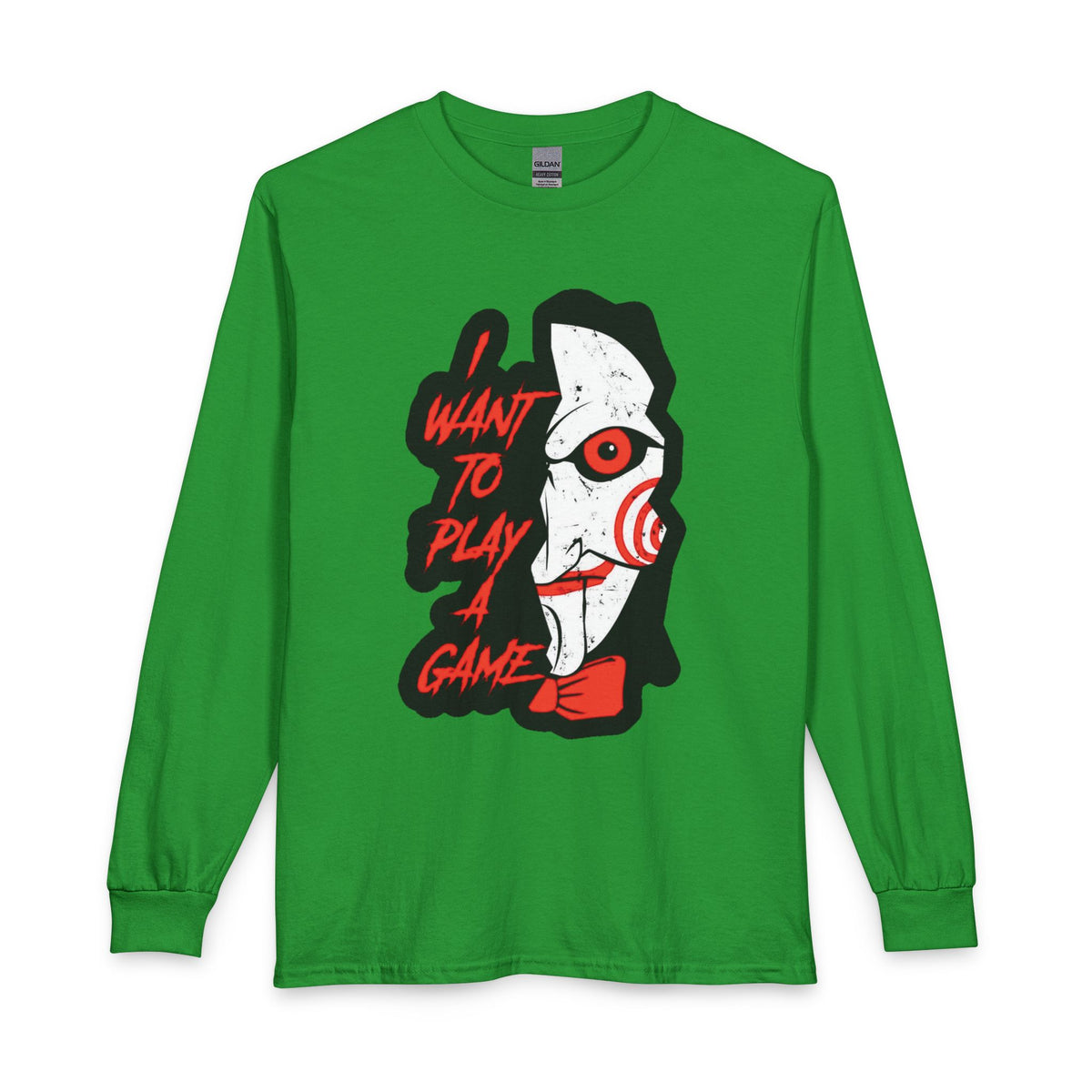 SAW - Horror Movie Long Sleeve Tee — "I Want to Play a Game" Jigsaw Puppet Graphic