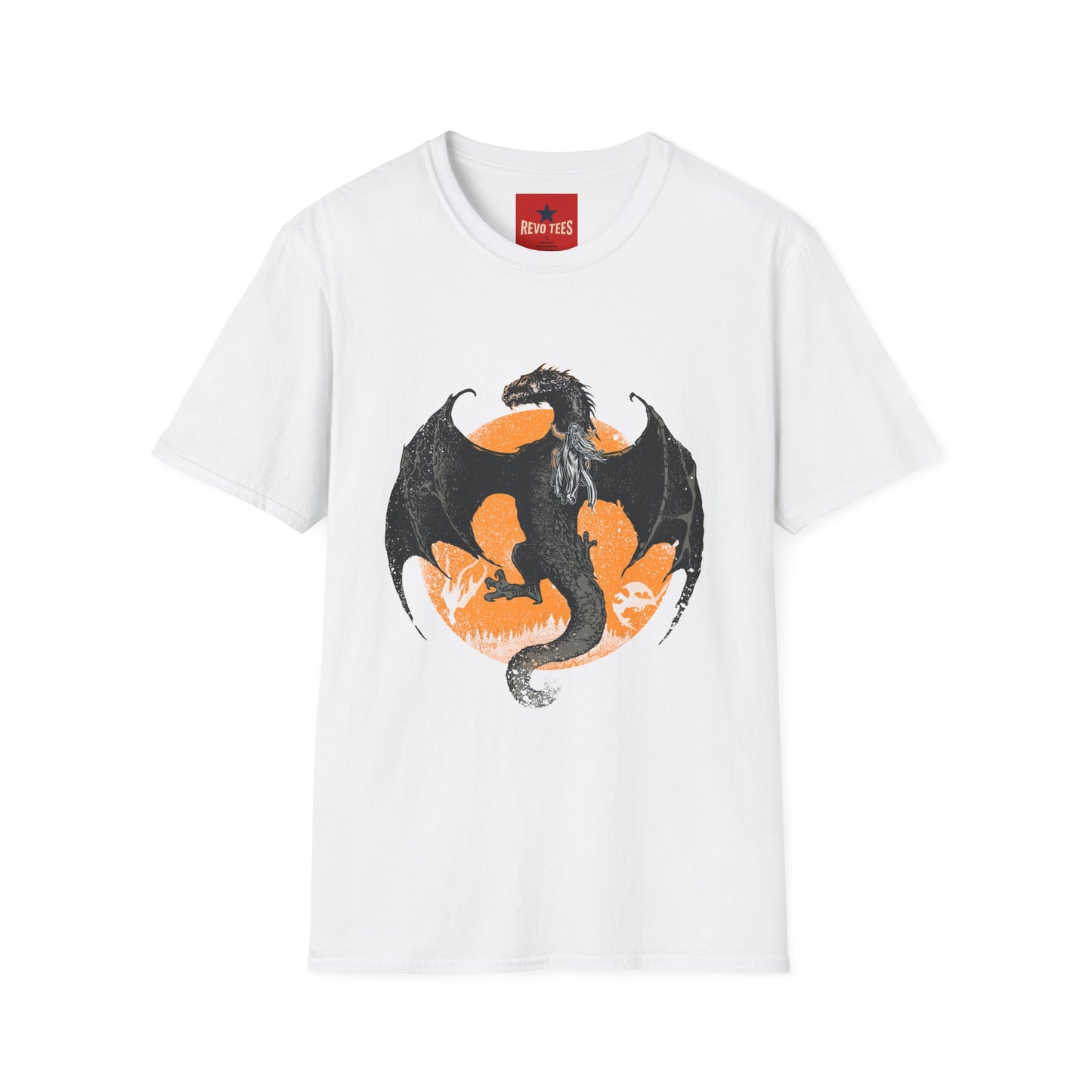 Dragon Moon T-Shirt — Black Dragon Silhouette with Orange Moon