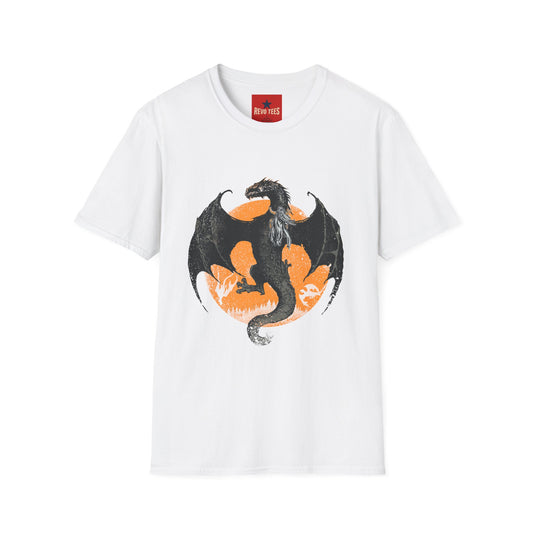 Dragon Moon T-Shirt — Black Dragon Silhouette with Orange Moon
