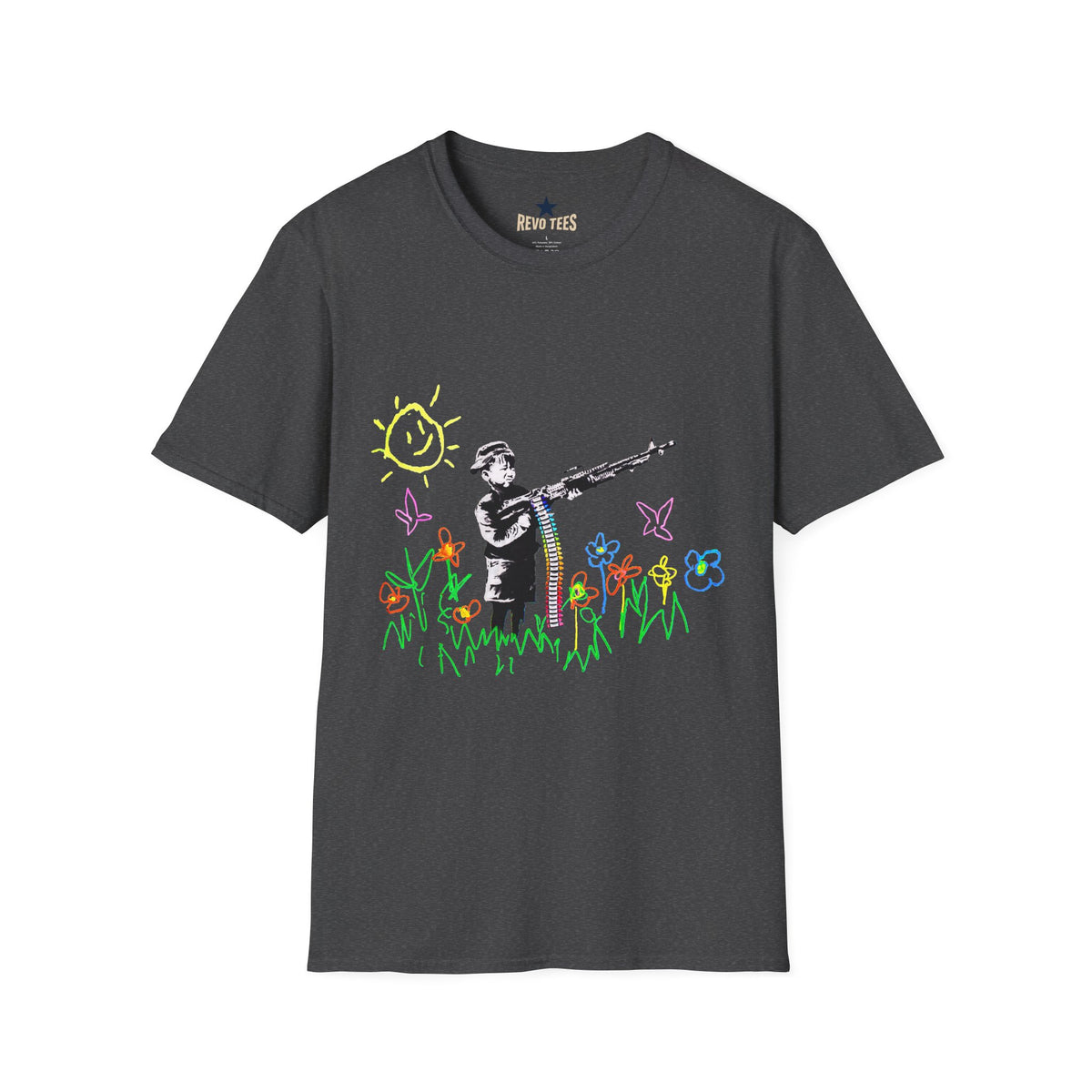 Revotees Banksy Style Soldier with Childlike Doodle Flowers T-Shirt - alternate view 6