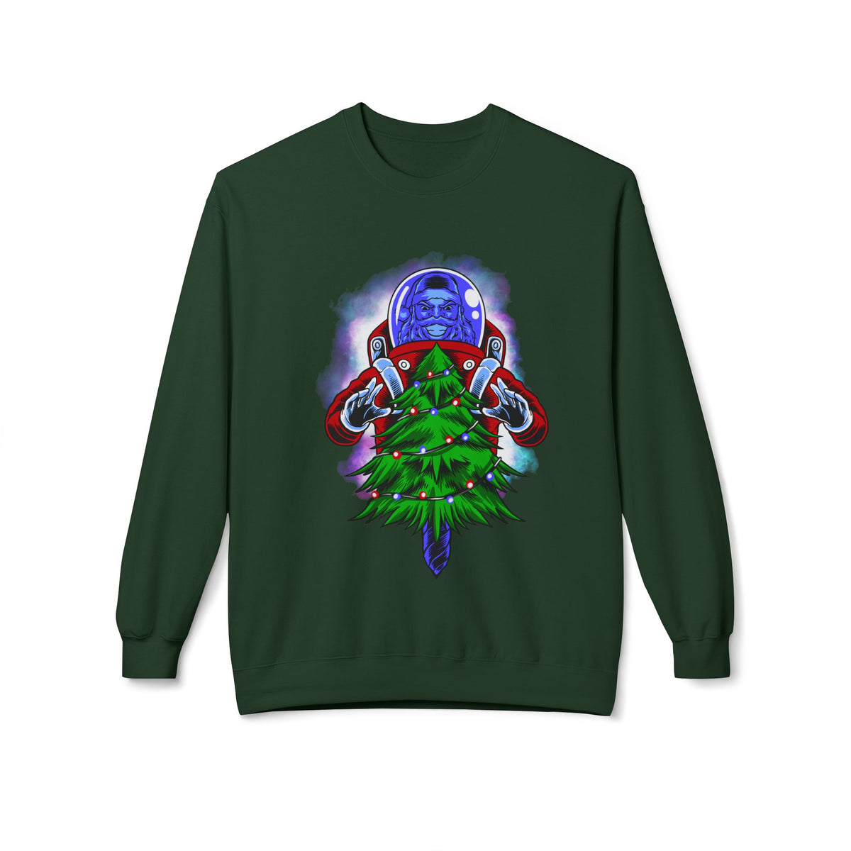 Astronaut Santa Pouncing on a Christmas Tree Crewneck Sweatshirt
