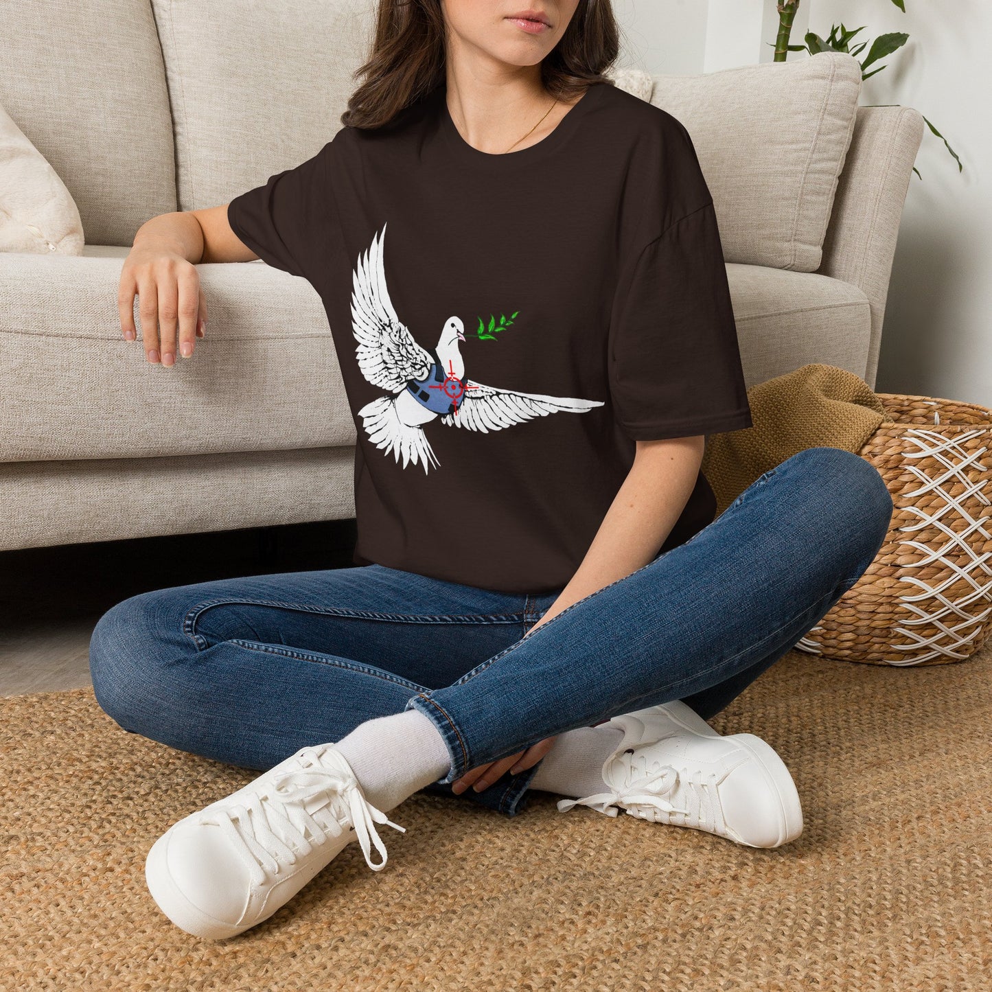 Banksy's Dove of Peace T‑Shirt — Flying Dove with Olive Branch & Earth Heart Graphic