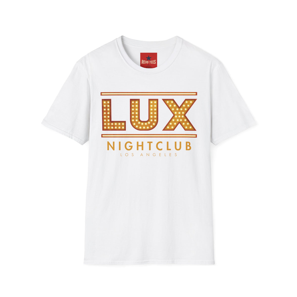 Revotees Lux Nightclub Graphic Retro Marquee Sign for Club Fans Party Nights T-Shirt