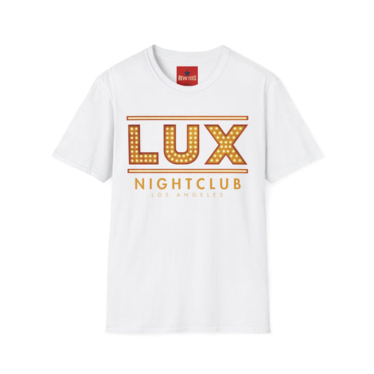 Revotees Lux Nightclub Graphic Retro Marquee Sign for Club Fans Party Nights T-Shirt