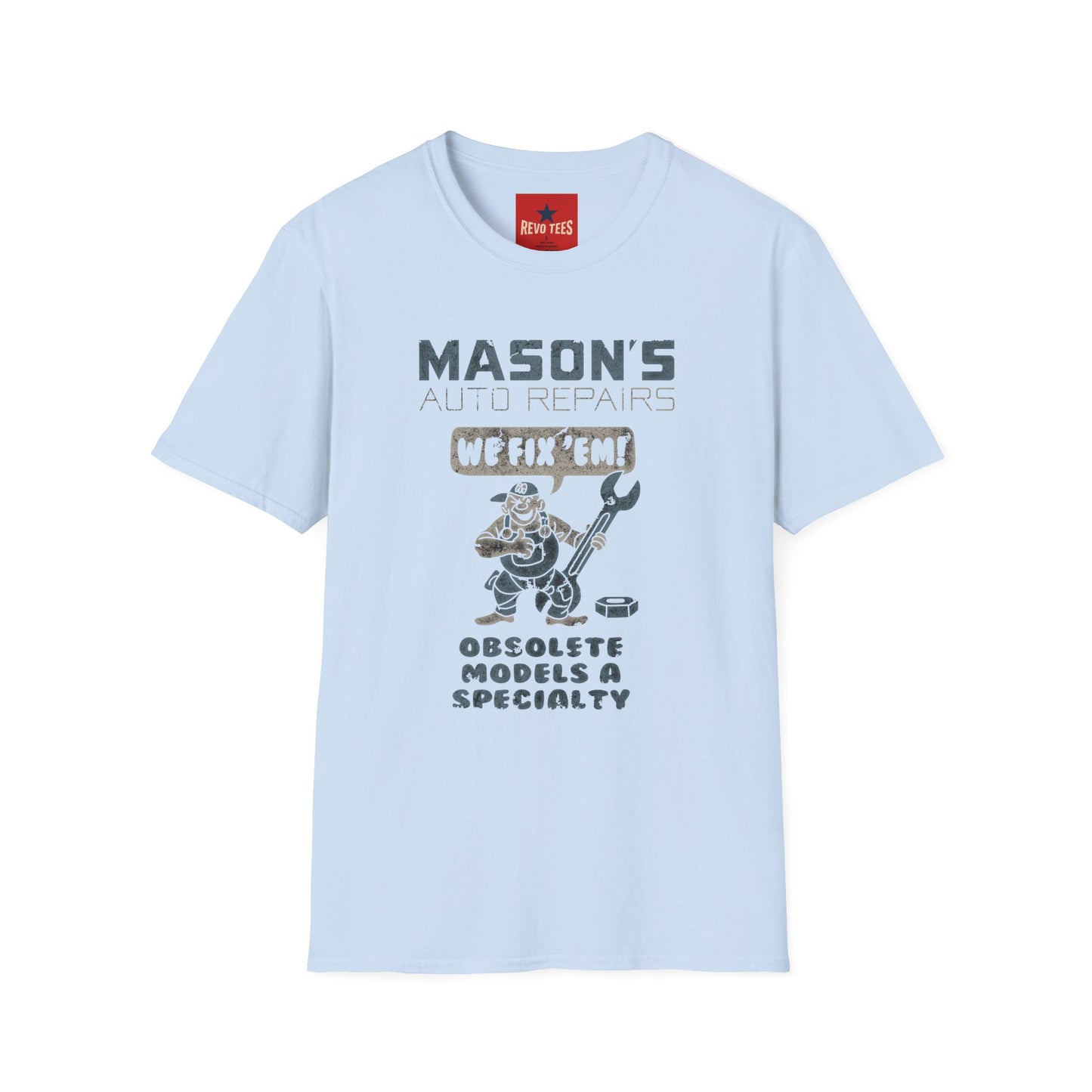 Mechanic Shop T‑Shirt — "Mason's Auto Repairs: We Fix 'Em" Vintage Garage Tee