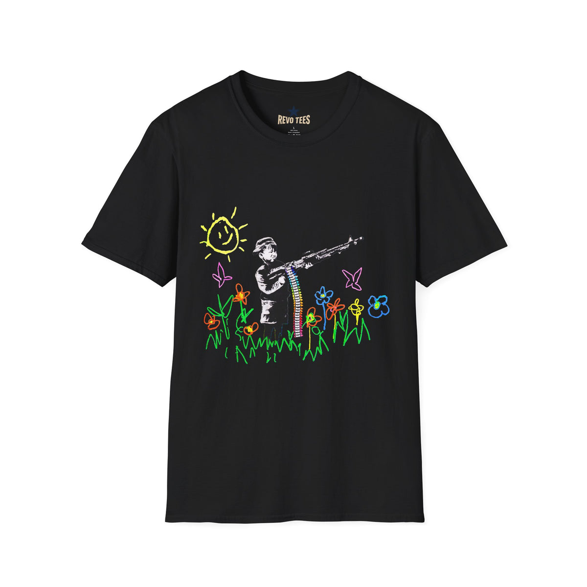 Revotees Banksy Style Soldier with Childlike Doodle Flowers T-Shirt - alternate view 2