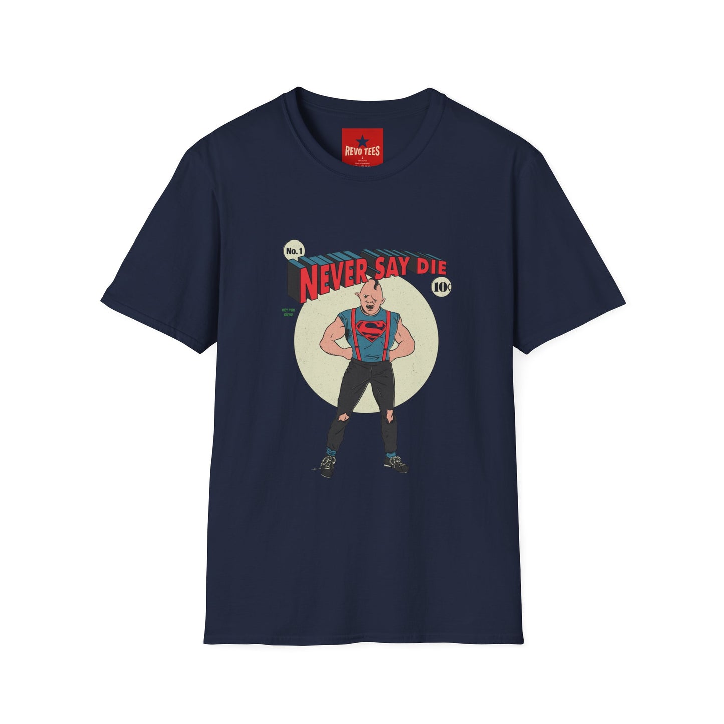 Never Say Die T‑Shirt — Vintage Superhero Graphic Tee