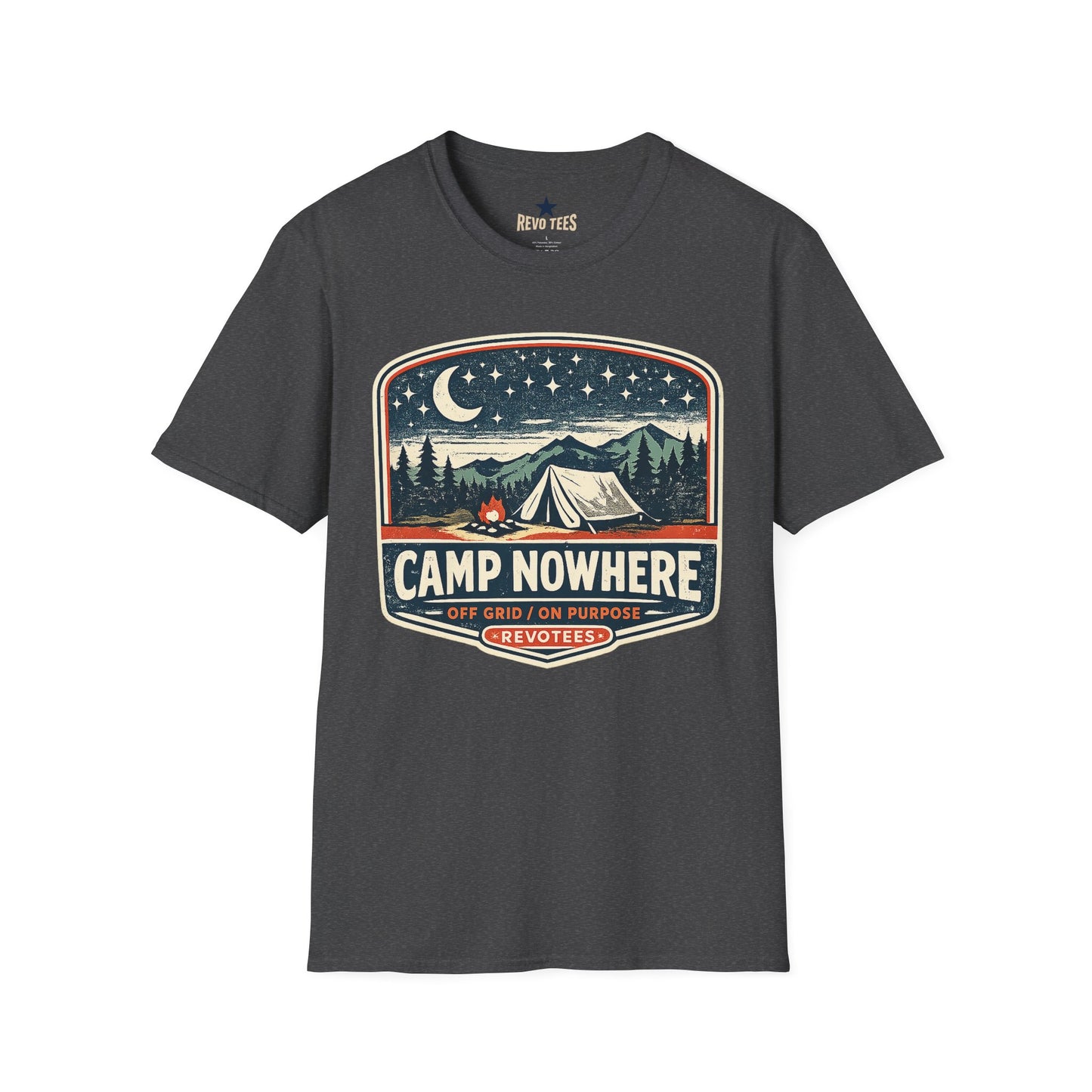 REVOTEES Camp Nowhere Vintage Camping T-Shirt — Starry Night Tent Graphic Tee