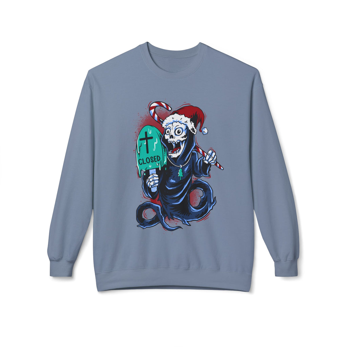 Christmas Reaper — 'Closed' Tombstone Holiday Horror Design Crewneck Sweatshirt