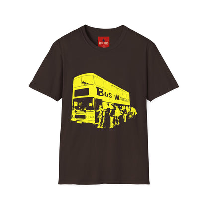 Bus Wankers Graphic T-Shirt — Retro Yellow Double-Decker Design