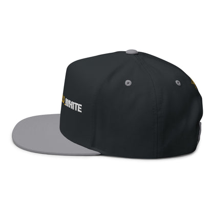 REVOTEES Embroidered Flat Bill Cap – BLACK_GOLD_WHITE Text with rear Gold Star