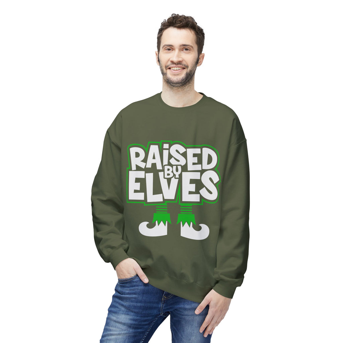 Raised by Elves Sweatshirt – Christmas Funny Holiday Crewneck