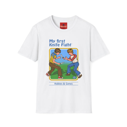 My First Knife Fight T-Shirt — Retro Dark Humor Graphic Tee