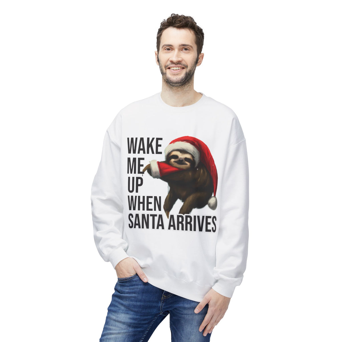 Sloth Santa Sweatshirt — "Wake Me Up When Santa Arrives" Holiday Crewneck