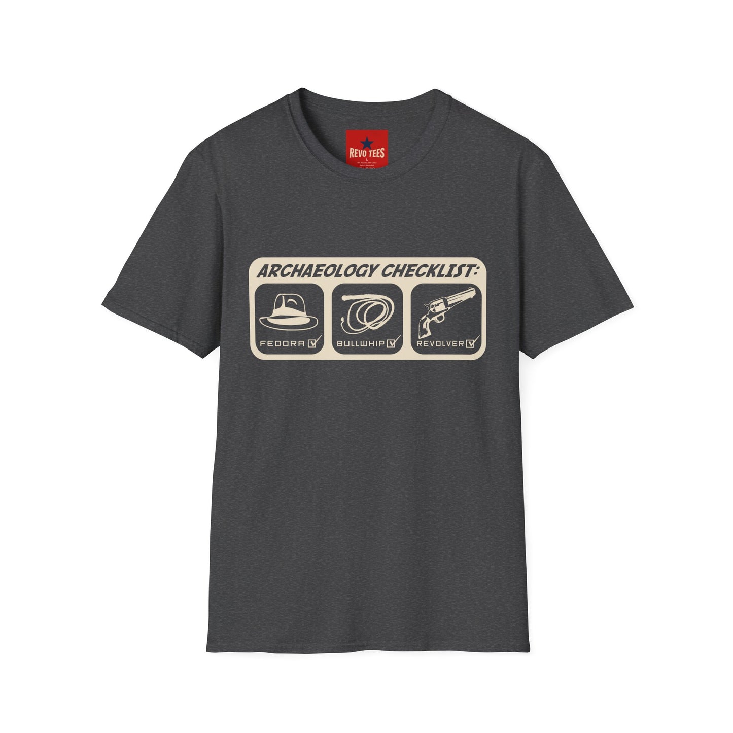 Archaeology Checklist T-Shirt — Fedora, Bullwhip & Revolver Graphic Tee