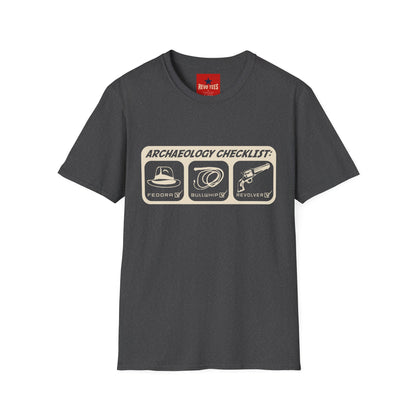 Archaeology Checklist T-Shirt — Fedora, Bullwhip & Revolver Graphic Tee