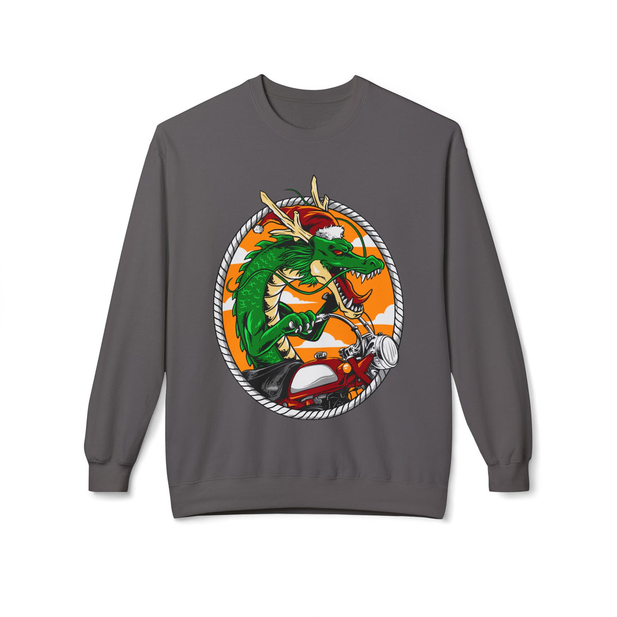 Dragon Santa Riding — Retro Green Dragon Surfing Crewneck Sweatshirt