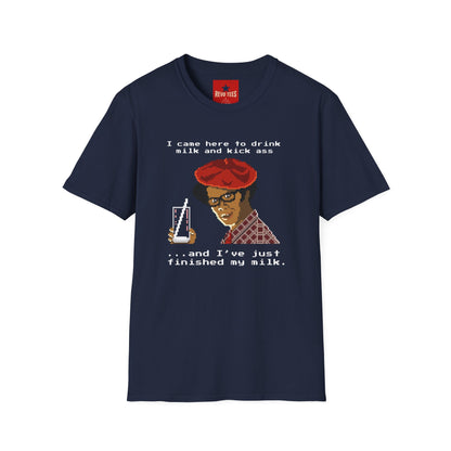 Graphic T‑Shirt — "I Came Here to Drink Milk and Kick Ass" Retro Pixel Design