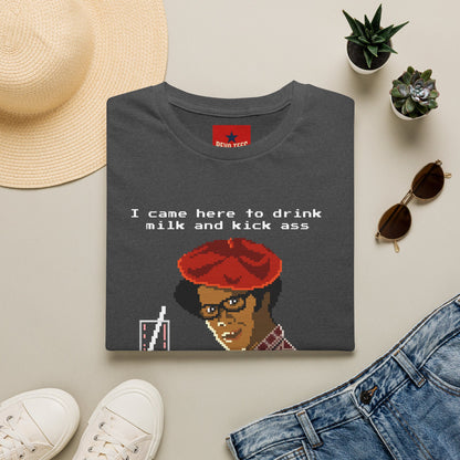 Graphic T‑Shirt — "I Came Here to Drink Milk and Kick Ass" Retro Pixel Design