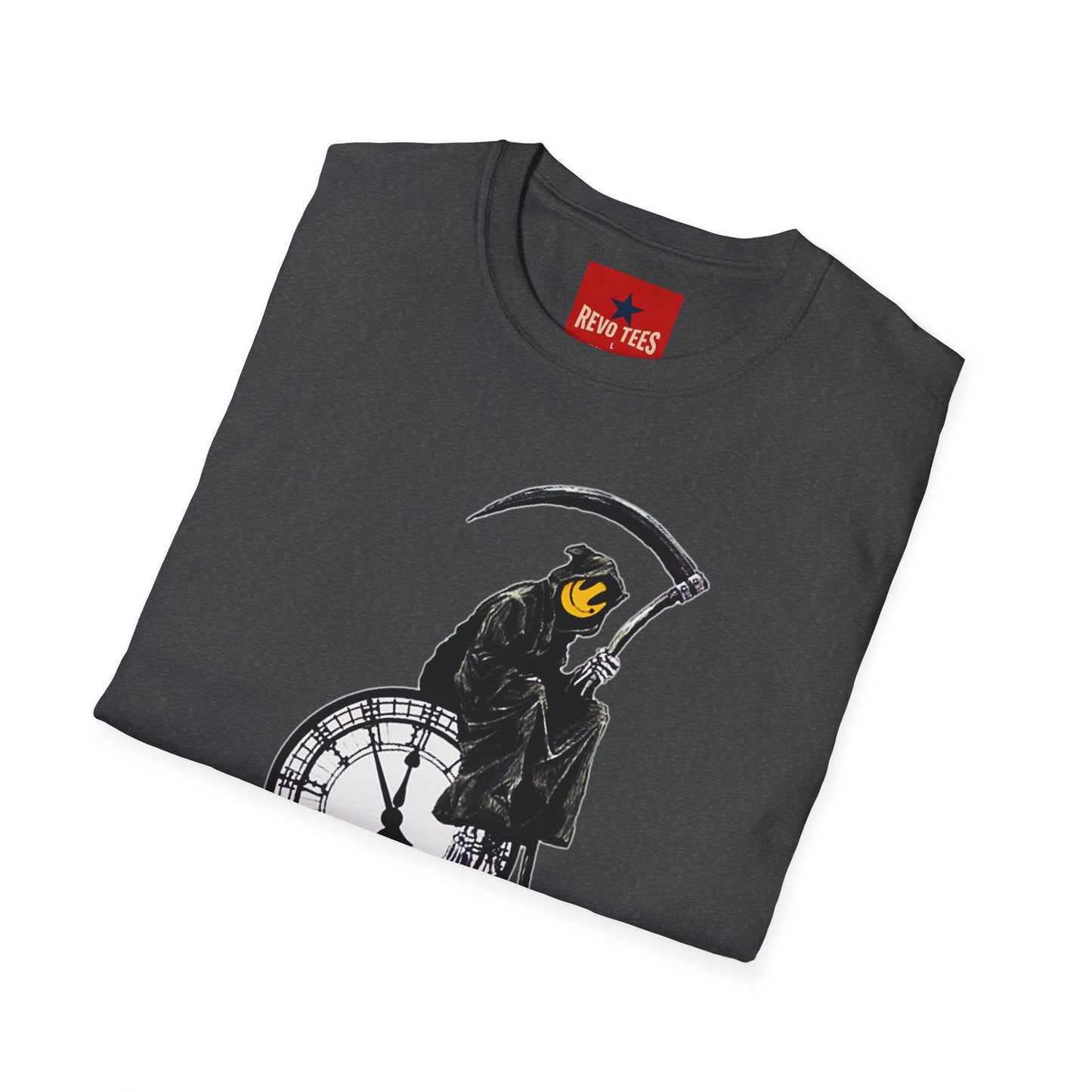 Banksy T‑Shirt — Grim Reaper Clock Graphic Tee (Smiley Mask)
