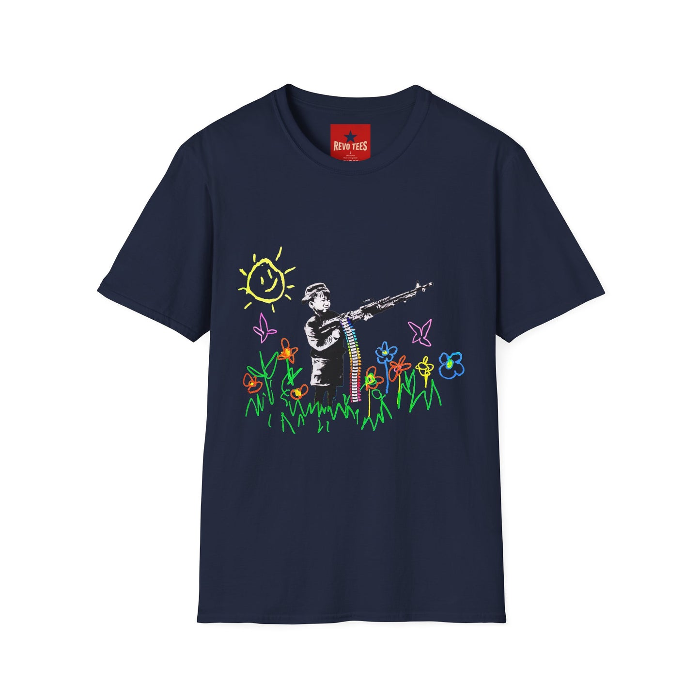 T-Shirt — Banksy Style Soldier with Childlike Doodle Flowers