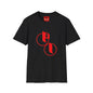 Parker Industries Graphic Tee — Red Circular Monogram Design