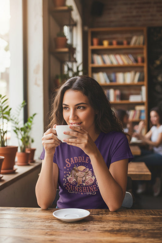 Saddle Up Sunshine Women's Tee — Cowgirl Saddle Graphic Tee