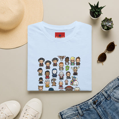 Cute Chibi Characters Crewneck T‑Shirt — Cartoon Character Grid Tee